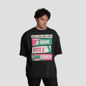 Camiseta Oversize Anime, Gato y Ramen